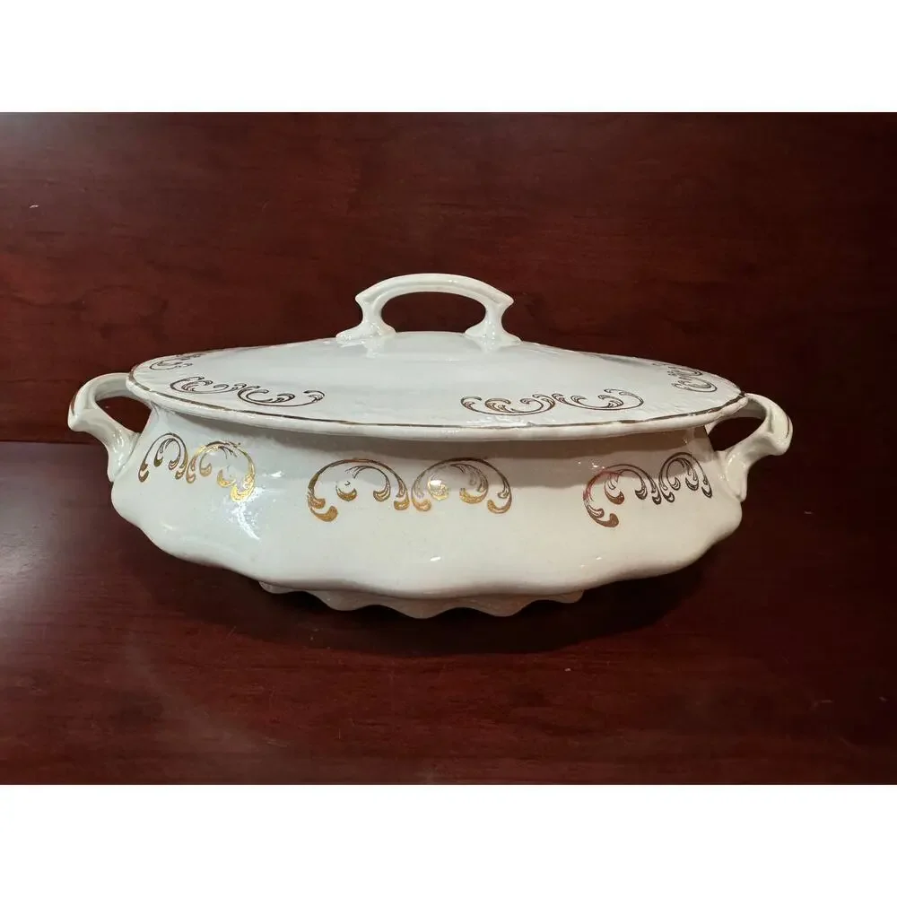 Vintage Semi-Vitreous Porcelain Oval Serving Dish Tureen With Lid & Handles